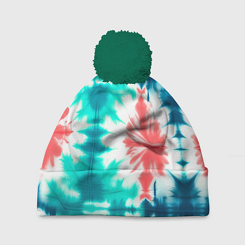Шапка c помпоном Тай дай разводы бирюзовые с коралловым и синим / 3D-Зеленый – фото 1
