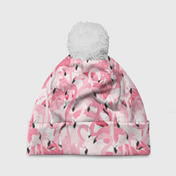 Шапка с помпоном Стая розовых фламинго, цвет: 3D-белый