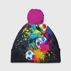 Шапка с помпоном Разноцветные футбольные мячи, цвет: 3D-малиновый