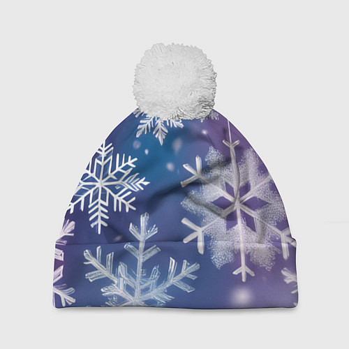 Шапка c помпоном Снежинки на фиолетово-синем фоне / 3D-Белый – фото 1