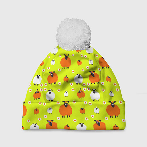Шапка c помпоном Стадо овец в поле / 3D-Белый – фото 1