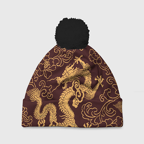 Шапка c помпоном Черно-золотая гравюра дракона / 3D-Черный – фото 1
