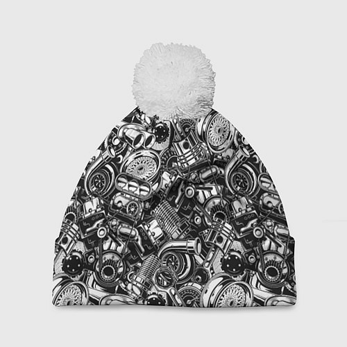 Шапка c помпоном Автотюнинг - запчасти / 3D-Белый – фото 1