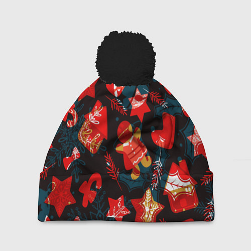 Шапка c помпоном Рождественские узоры красные / 3D-Черный – фото 1