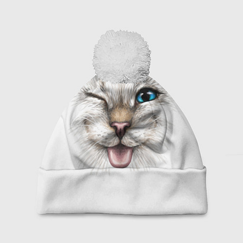 Шапка c помпоном Котёнок подмигивает и показывает язык / 3D-Белый – фото 1