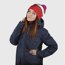 Шапка с помпоном White and red stripes, цвет: 3D-малиновый — фото 2