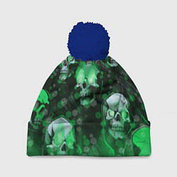 Шапка с помпоном Зелёные черепа на зелёном фоне, цвет: 3D-тёмно-синий