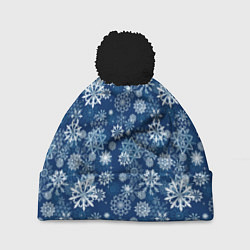 Шапка с помпоном Snowflakes on a blue background, цвет: 3D-черный