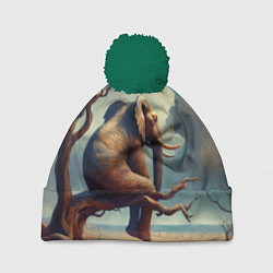 Шапка с помпоном Слон сидит на ветке дерева в пустыне, цвет: 3D-зеленый