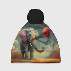 Шапка с помпоном Грустный слон и красный шарик, цвет: 3D-черный