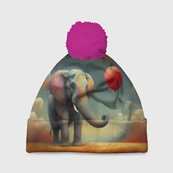 Шапка с помпоном Грустный слон и красный шарик, цвет: 3D-малиновый
