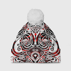 Шапка c помпоном Чёрно красные трайбл узоры