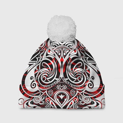 Шапка c помпоном Чёрно красные трайбл узоры / 3D-Белый – фото 1