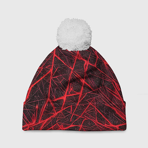 Шапка c помпоном Красная паутина на чёрном фоне / 3D-Белый – фото 1