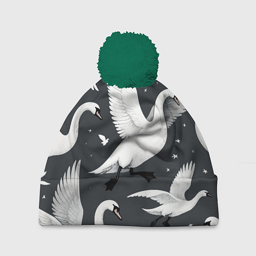 Шапка c помпоном Стая белых лебедей летящих в небе / 3D-Зеленый – фото 1