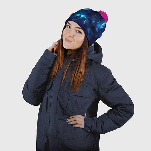 Шапка c помпоном Синие осколки из мелких абстрактных части калейдос / 3D-Малиновый – фото 2