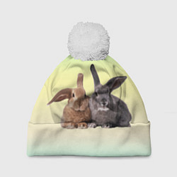 Шапка с помпоном Два пушистых кролика, цвет: 3D-белый