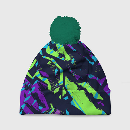Шапка c помпоном Разноцветные текстурные штрихи / 3D-Зеленый – фото 1