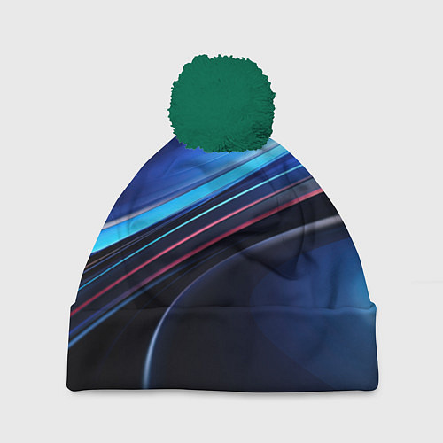 Шапка c помпоном Синяя и черная абстракция геометрическая / 3D-Зеленый – фото 1