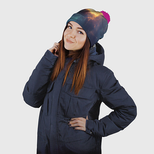 Шапка c помпоном Космос вселенная / 3D-Малиновый – фото 2