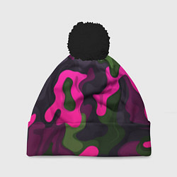 Шапка с помпоном Яркий неоновый камуфляж фиолетовый и зеленый, цвет: 3D-черный