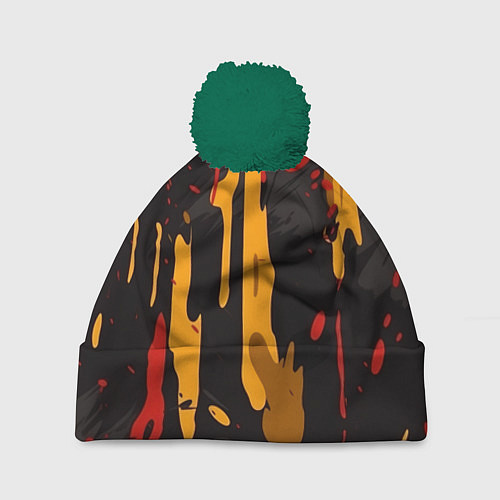 Шапка c помпоном Красные желтые оранжевые пятна краски абстракция / 3D-Зеленый – фото 1