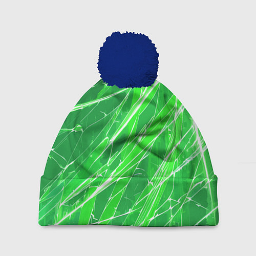 Шапка c помпоном Белые линии на зелёном фоне / 3D-Тёмно-синий – фото 1