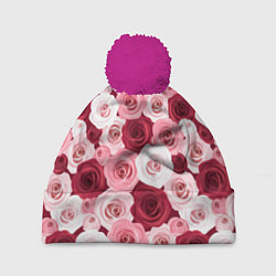 Шапка с помпоном Красные и розовые розы, цвет: 3D-малиновый