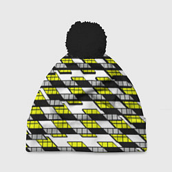Шапка c помпоном Жёлтые треугольники и квадраты на белом фоне