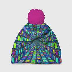 Шапка c помпоном Абстрактный узор коридор из разноцветных квадратов