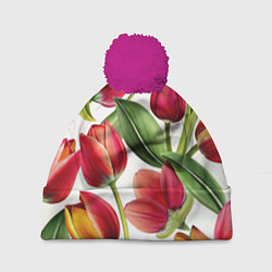 Шапка с помпоном Паттерн с тюльпанами, цвет: 3D-малиновый