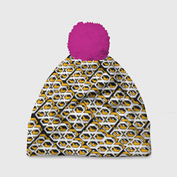 Шапка с помпоном Жёлто-белый узор на чёрном фоне, цвет: 3D-малиновый