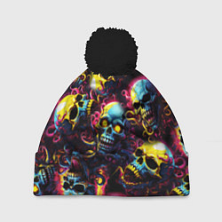 Шапка с помпоном Разноцветные черепушки с щупальцами, цвет: 3D-черный