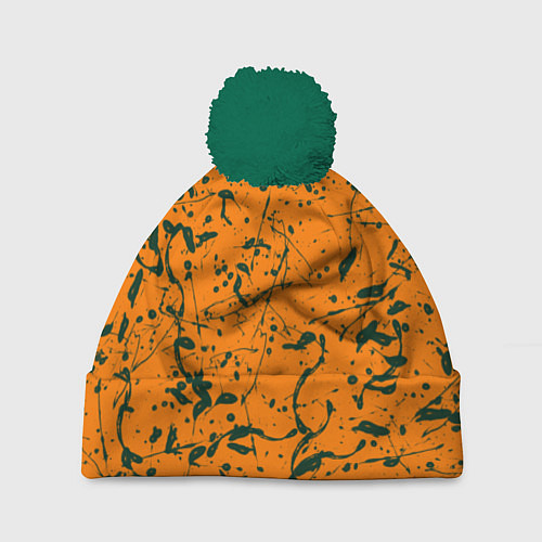 Шапка c помпоном Оранжевый с брызгами зеленой краски / 3D-Зеленый – фото 1