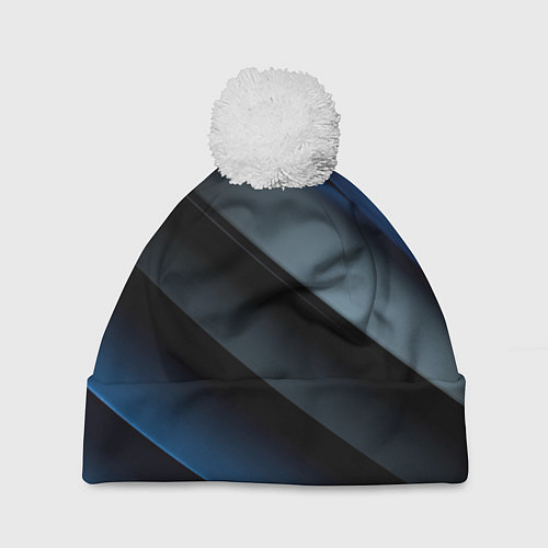Шапка c помпоном Темная синяя стильная абстракция на черном фоне / 3D-Белый – фото 1