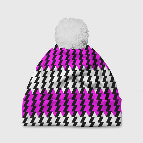 Шапка c помпоном Вертикальные бело-розовые полосы / 3D-Белый – фото 1