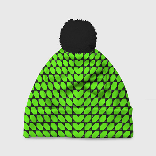 Шапка c помпоном Зелёные лепестки шестиугольники / 3D-Черный – фото 1