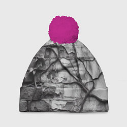 Шапка с помпоном Кирпичная стена с облупившейся штукатуркой и плющо, цвет: 3D-малиновый