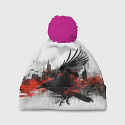 Шапка с помпоном Силуэт черного ворона и города, цвет: 3D-малиновый
