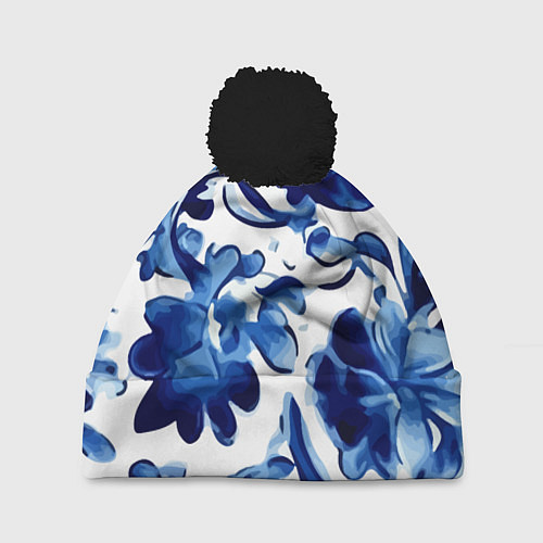 Шапка c помпоном Гжель акварель / 3D-Черный – фото 1