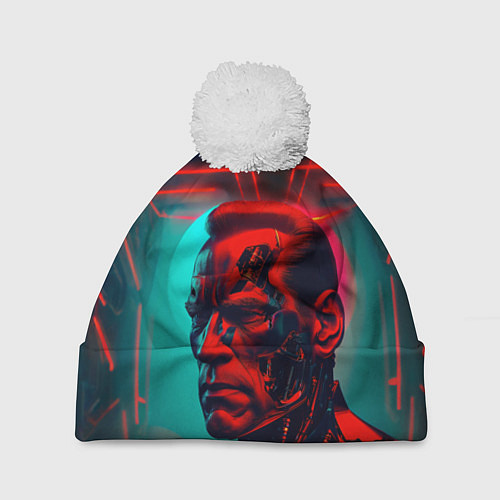 Шапка c помпоном Терминатор в красном свечении / 3D-Белый – фото 1