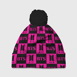 Шапка с помпоном BTS pattern pink logo, цвет: 3D-черный