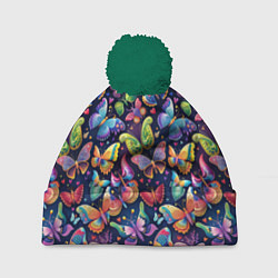 Шапка с помпоном Бабочки в паттерне разноцветный яркий фон, цвет: 3D-зеленый