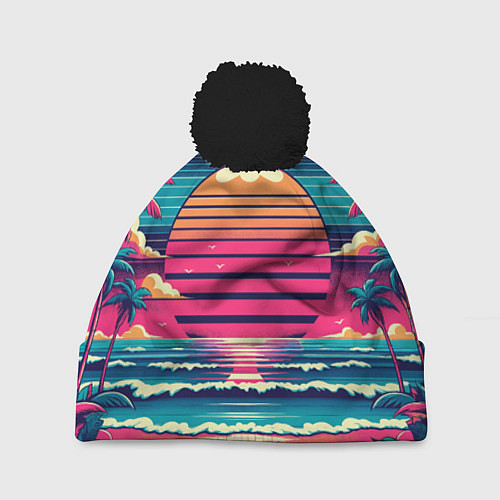 Шапка c помпоном Закат на пляже vaporwave / 3D-Черный – фото 1