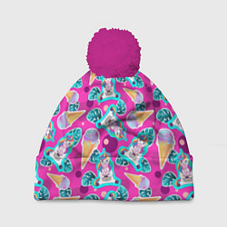 Шапка с помпоном Единорог с мороженым паттерн, цвет: 3D-малиновый
