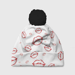 Шапка с помпоном Паттерн красные губы на белом - lips classic, цвет: 3D-черный