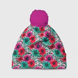 Шапка c помпоном Анемоны цветы яркий принт
