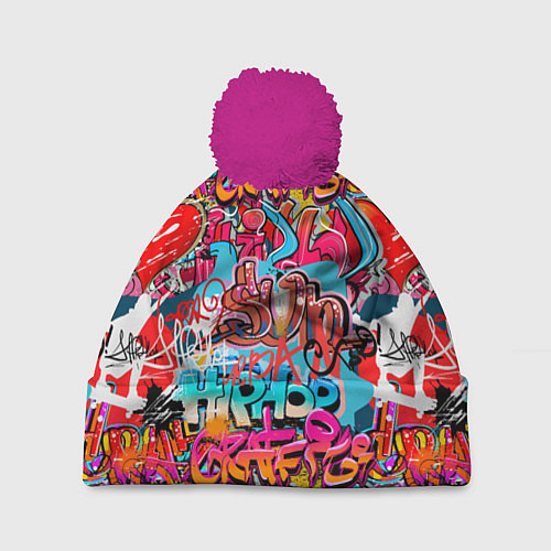 Шапка c помпоном Hip hop graffiti pattern / 3D-Малиновый – фото 1