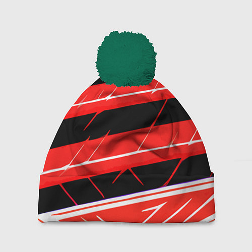 Шапка c помпоном Чёрно-белые полосы на красном фоне / 3D-Зеленый – фото 1
