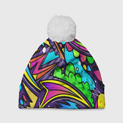 Шапка с помпоном Яркое граффити, цвет: 3D-белый